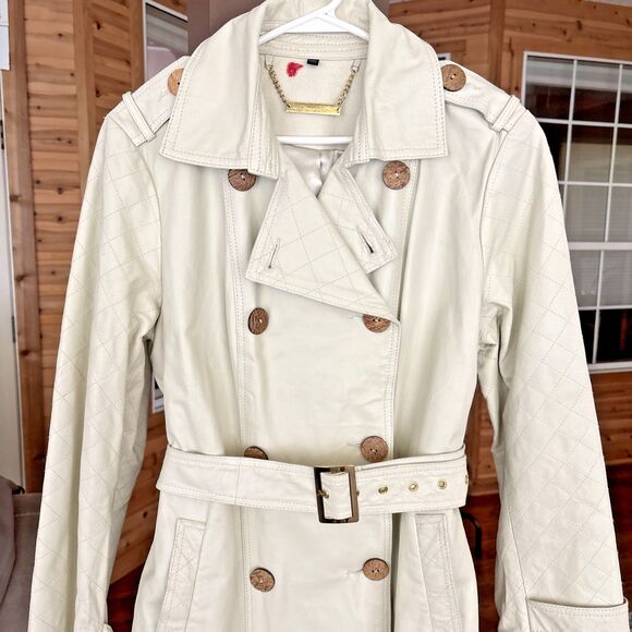 IMAN Leather Trench Coat Jacket Women M Cream Chic Retro Elegant Old World Fall - Picture 6 of 16